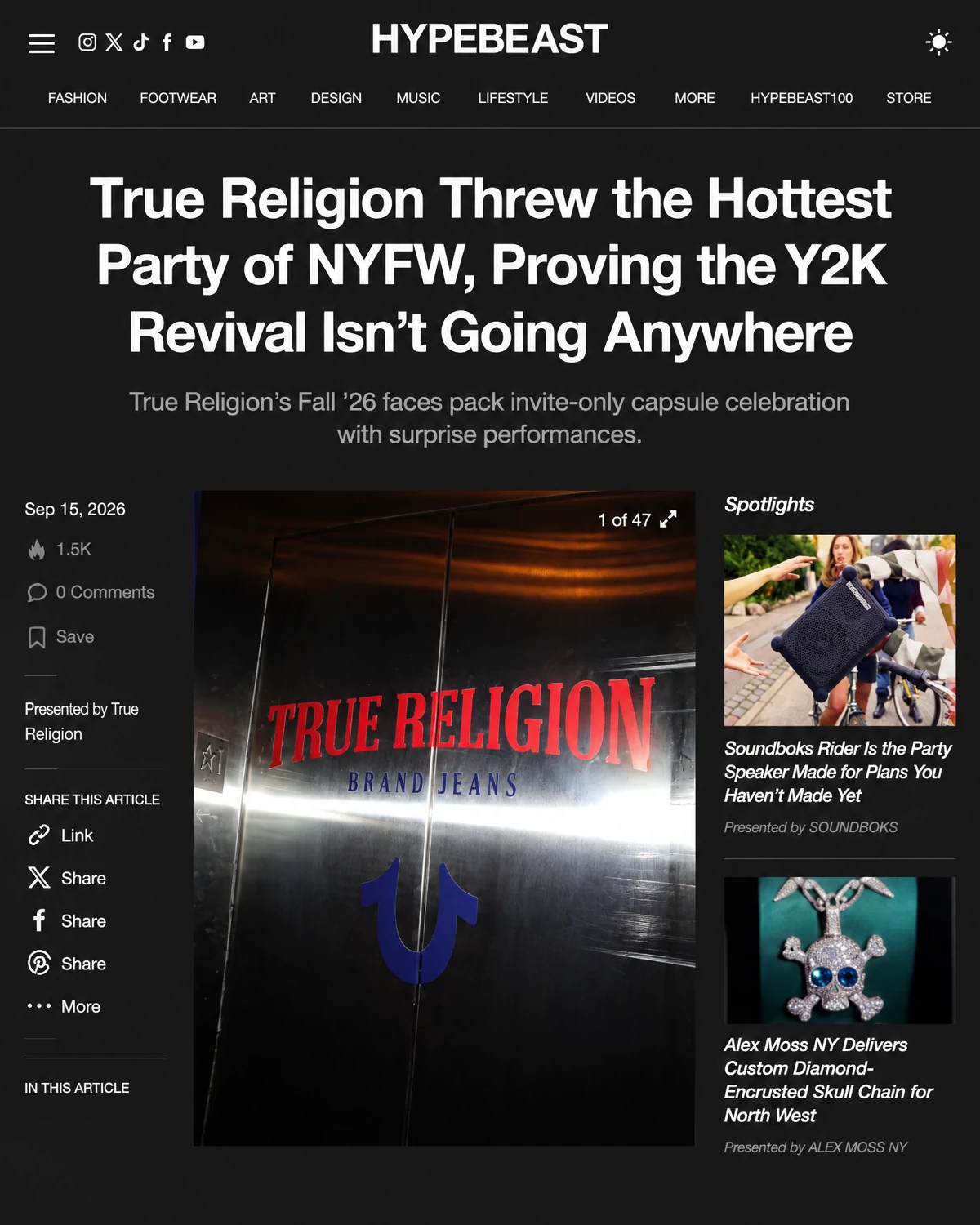 Hypebeast article about True Religion’s New York Fashion Week party, dated September 15, 2026